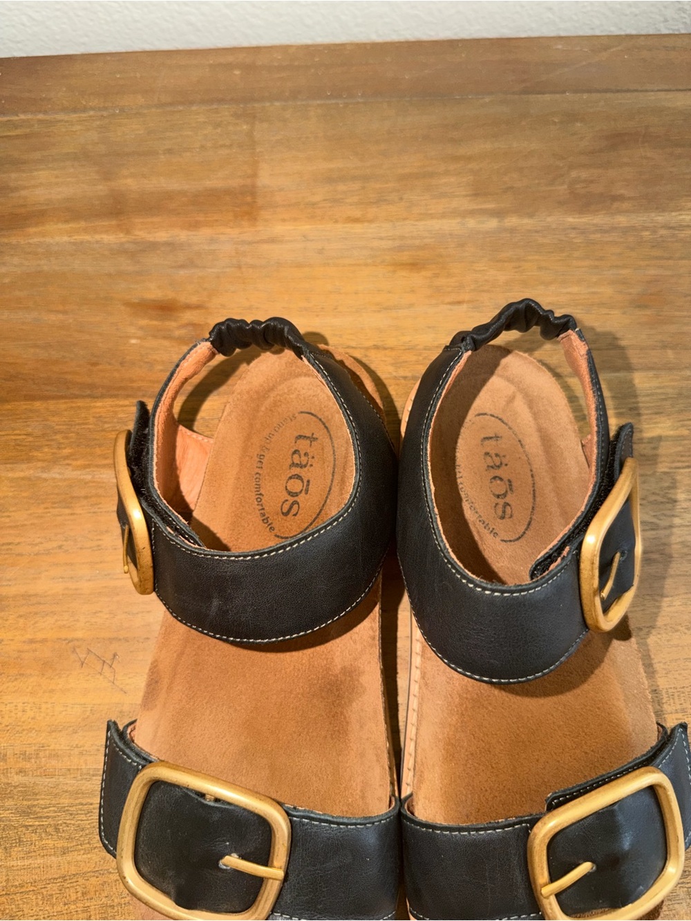 Women’s Black Leather Buckle Sandals with Tan Footbed - Picture 4 of 7
